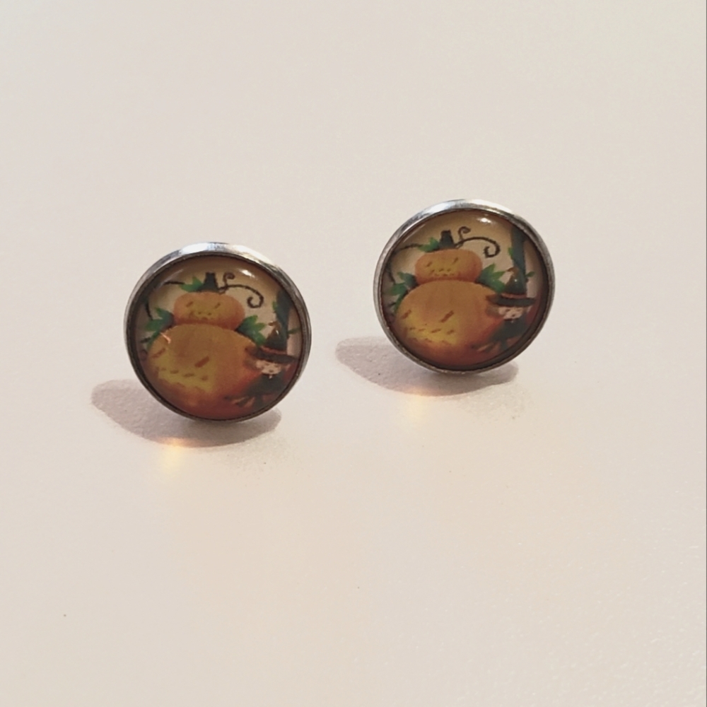 Pumpkin Patch Halloween Silver Stud Earrings